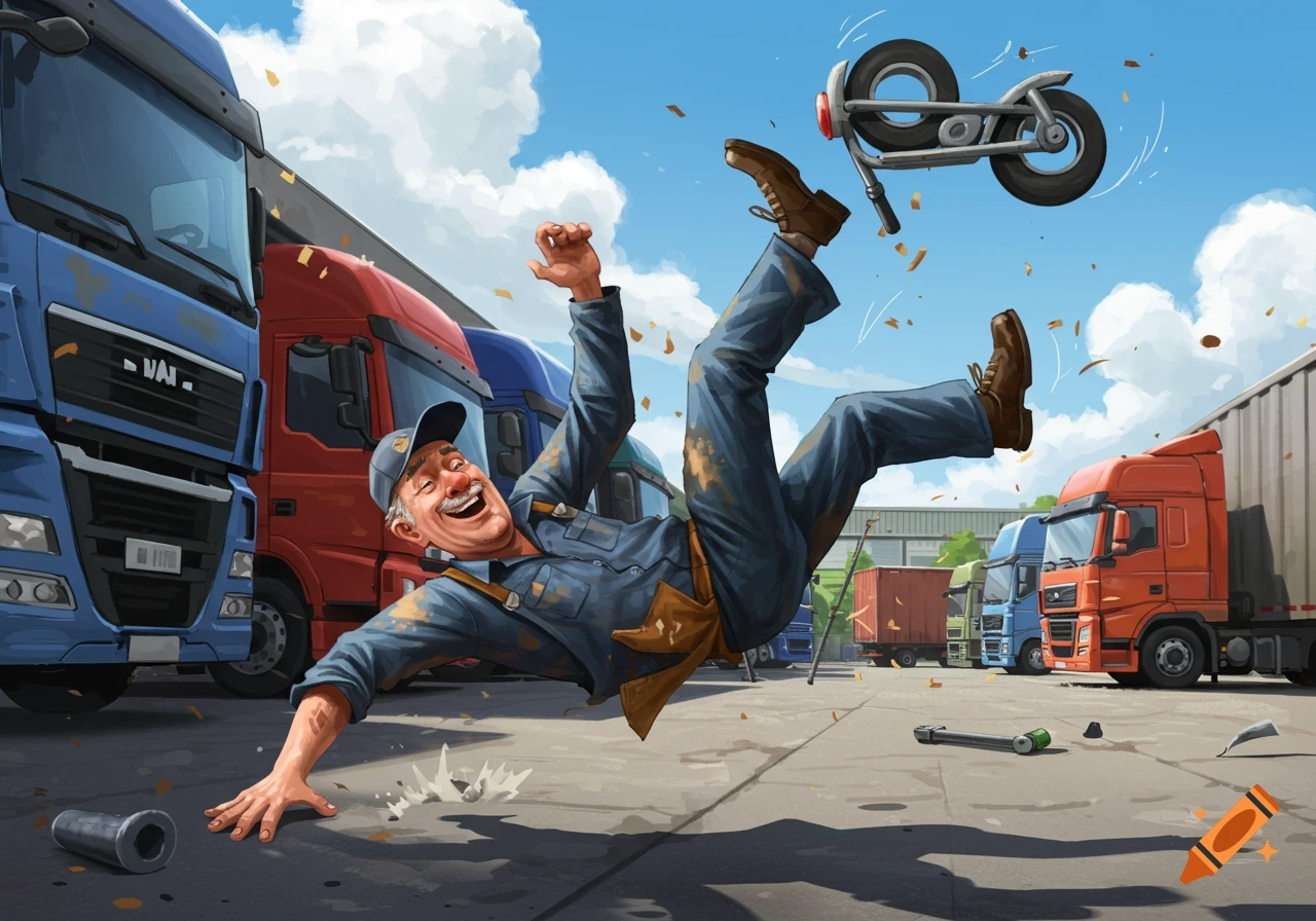 Cartoon illustration of a mechanic falling backward over a scooter in a truck parking lot
