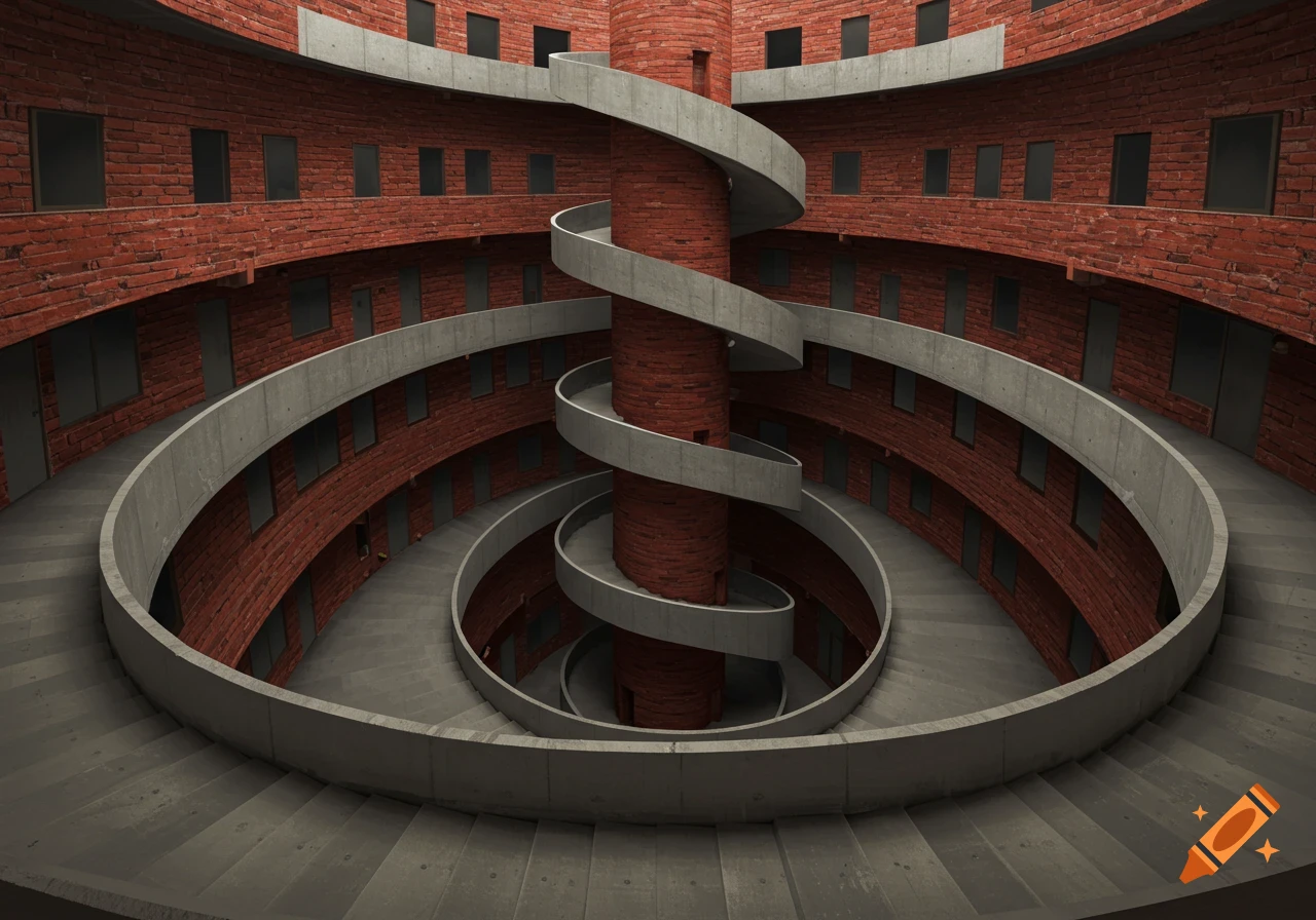 Interior view of a multistory circular brick building with concrete ramps and spiral staircase.