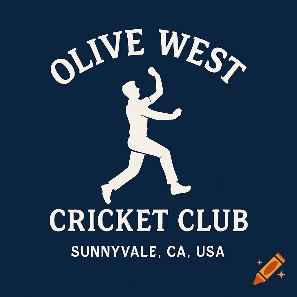Logo for Olive West Cricket Club Sunnyvale CA with a cricket bowler silhouette on navy blue background