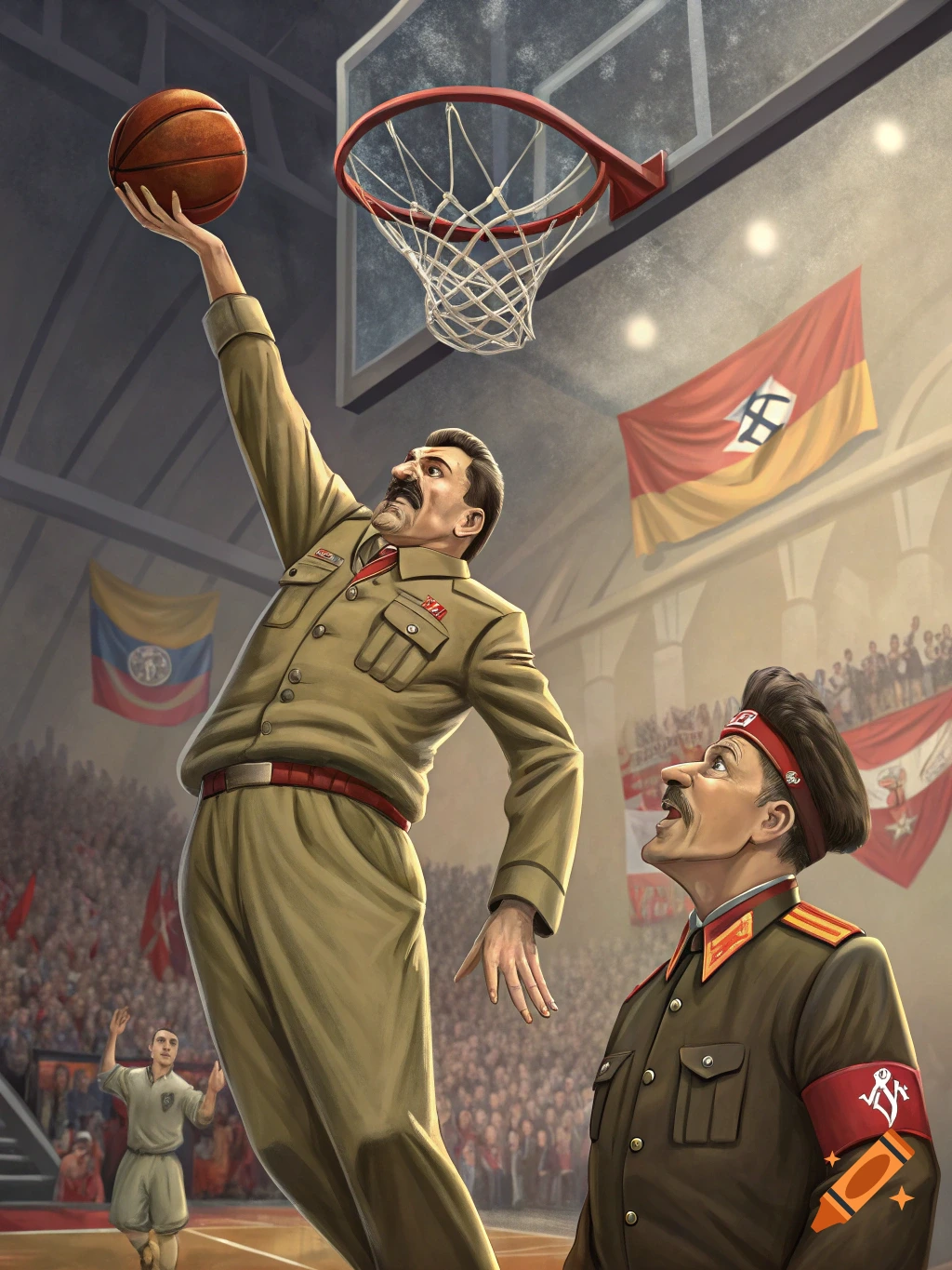 Caricature of Stalin dunking a basketball while another figure watches in a crowded stadium with flags.