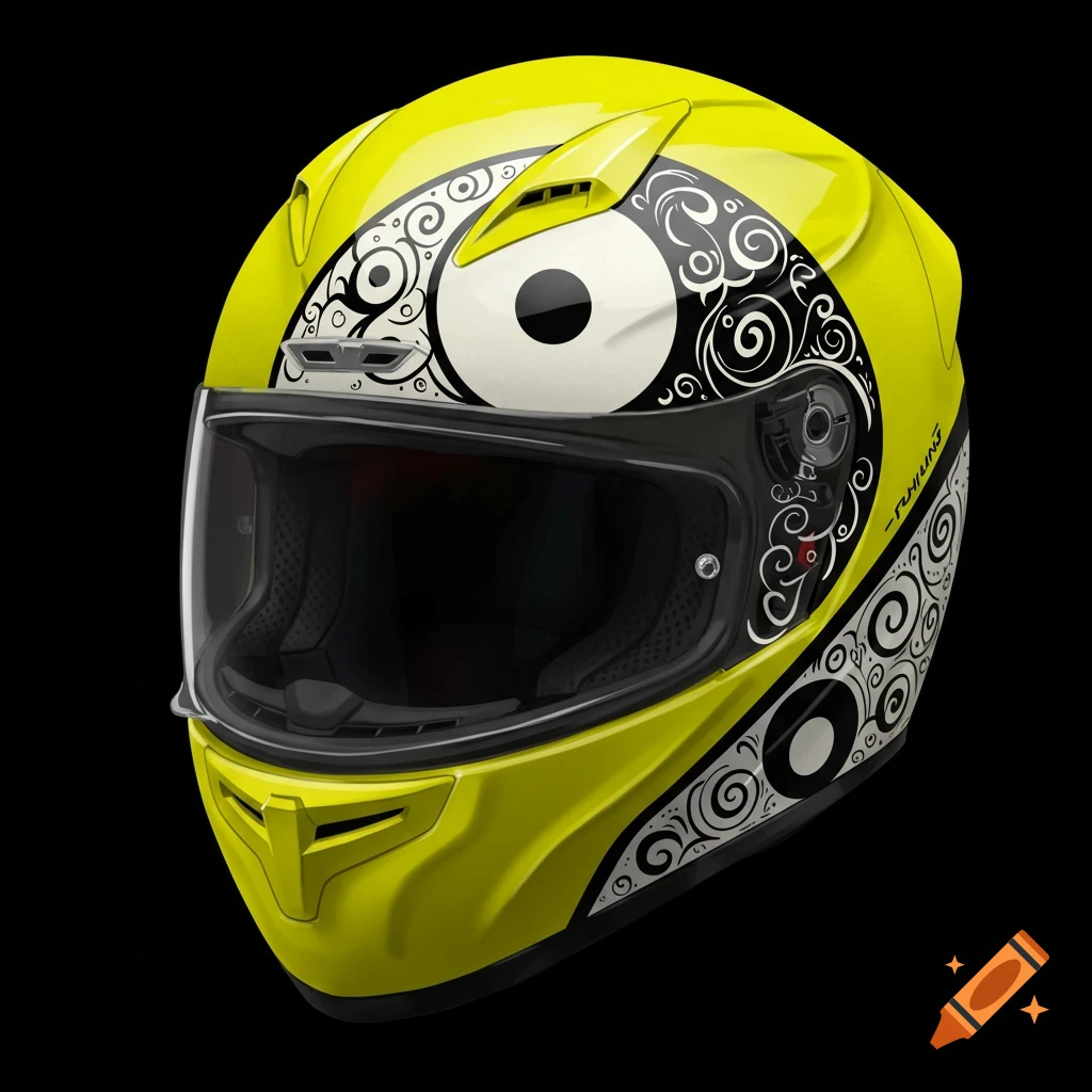A yellow full-face motorcycle helmet with a black and white swirl design on the side, against a black background.