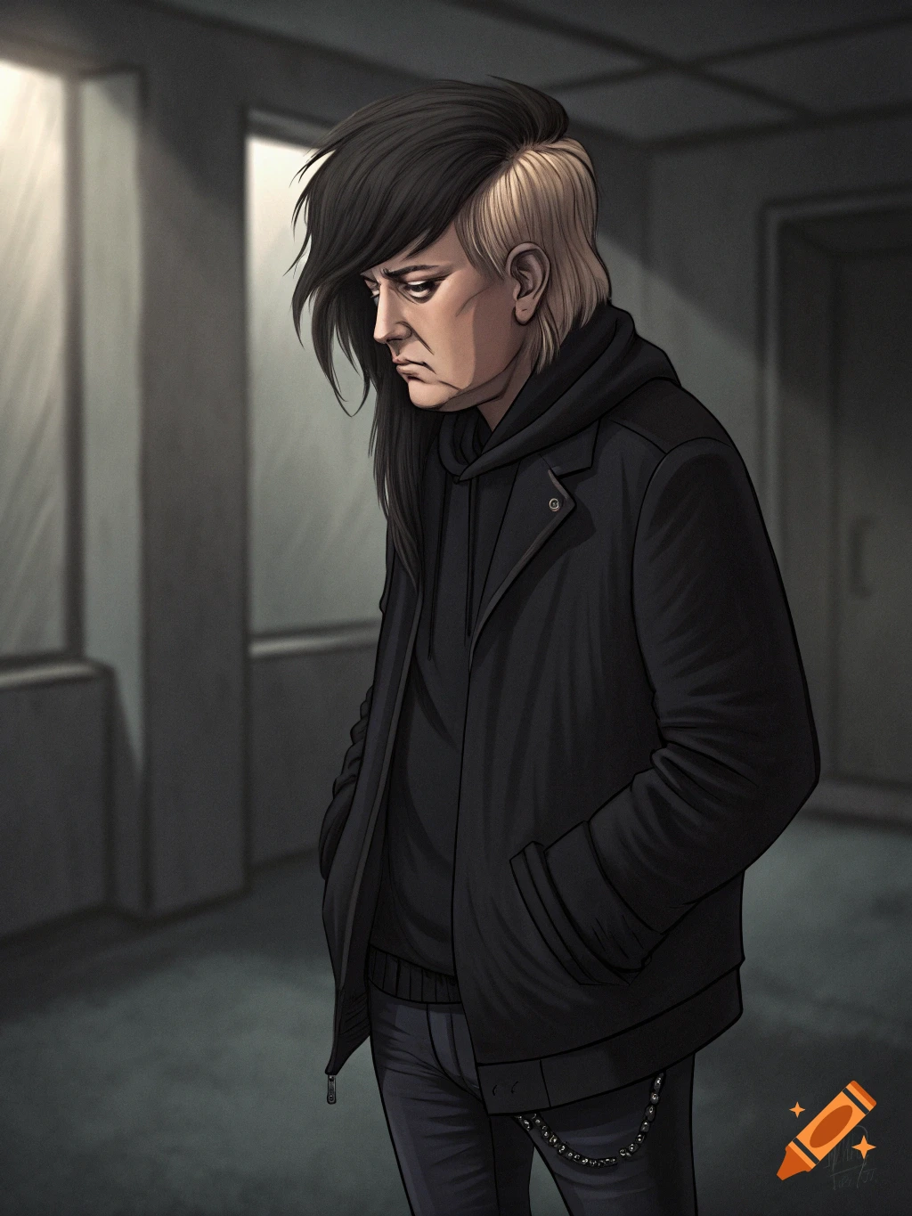 Illustration of a person with emo hair and clothes looking down.