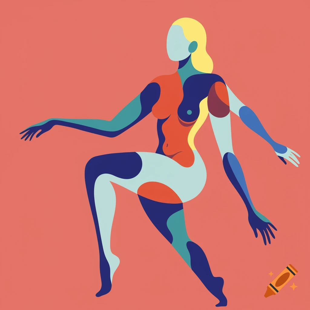 Stylized figure of a woman composed of abstract shapes in various colors on a coral background.