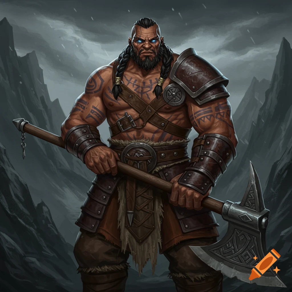 A muscular fantasy warrior with tattoos and armor stands in mountains ...