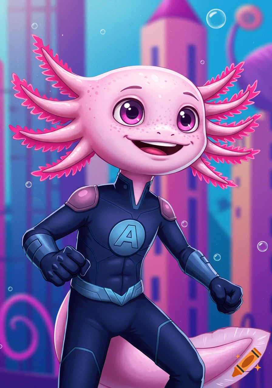 Cartoon axolotl superhero in a city