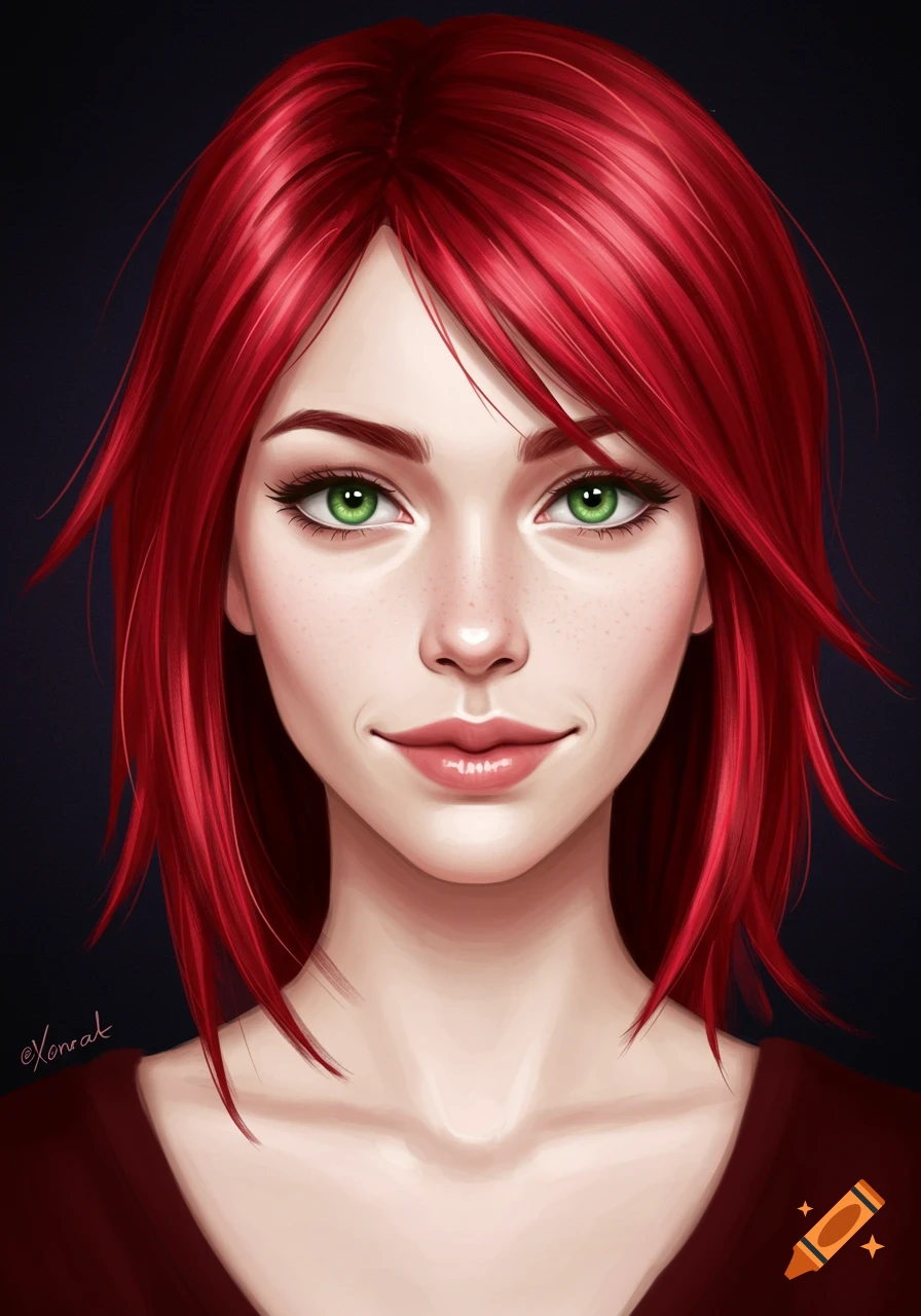 Digital illustration portrait of a young woman with red hair and green ...