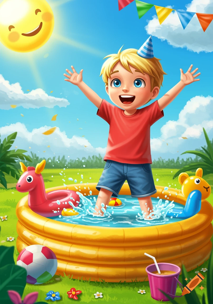Cartoon illustration of a boy in a pool with inflatable toys, smiling sun, and bunting.