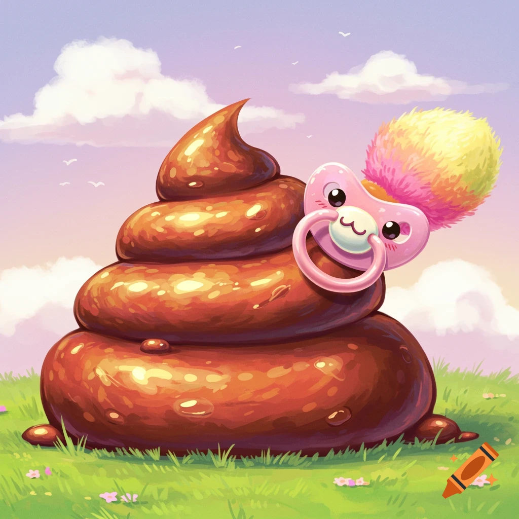 Cartoon illustration of a pile of poop wearing a baby pacifier with a fuzzy tail in a grassy field.
