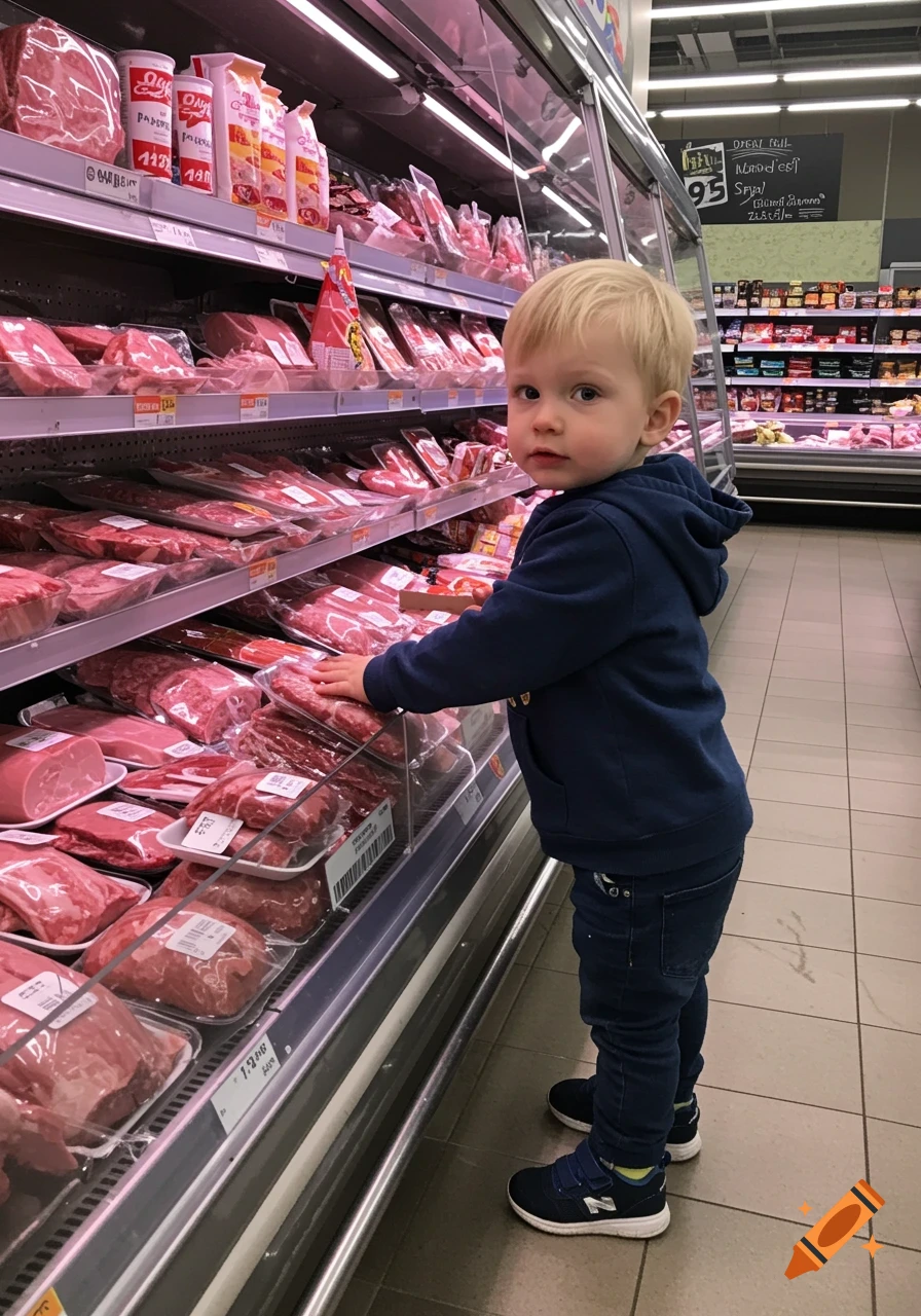 Toddler reaching for packaged meat in a supermarket display case