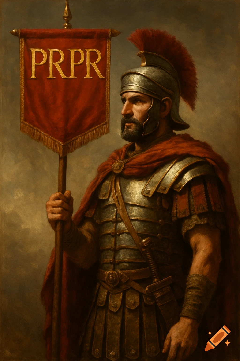 A painted portrait of a Roman soldier holding a banner with 'PRPR' inscribed.