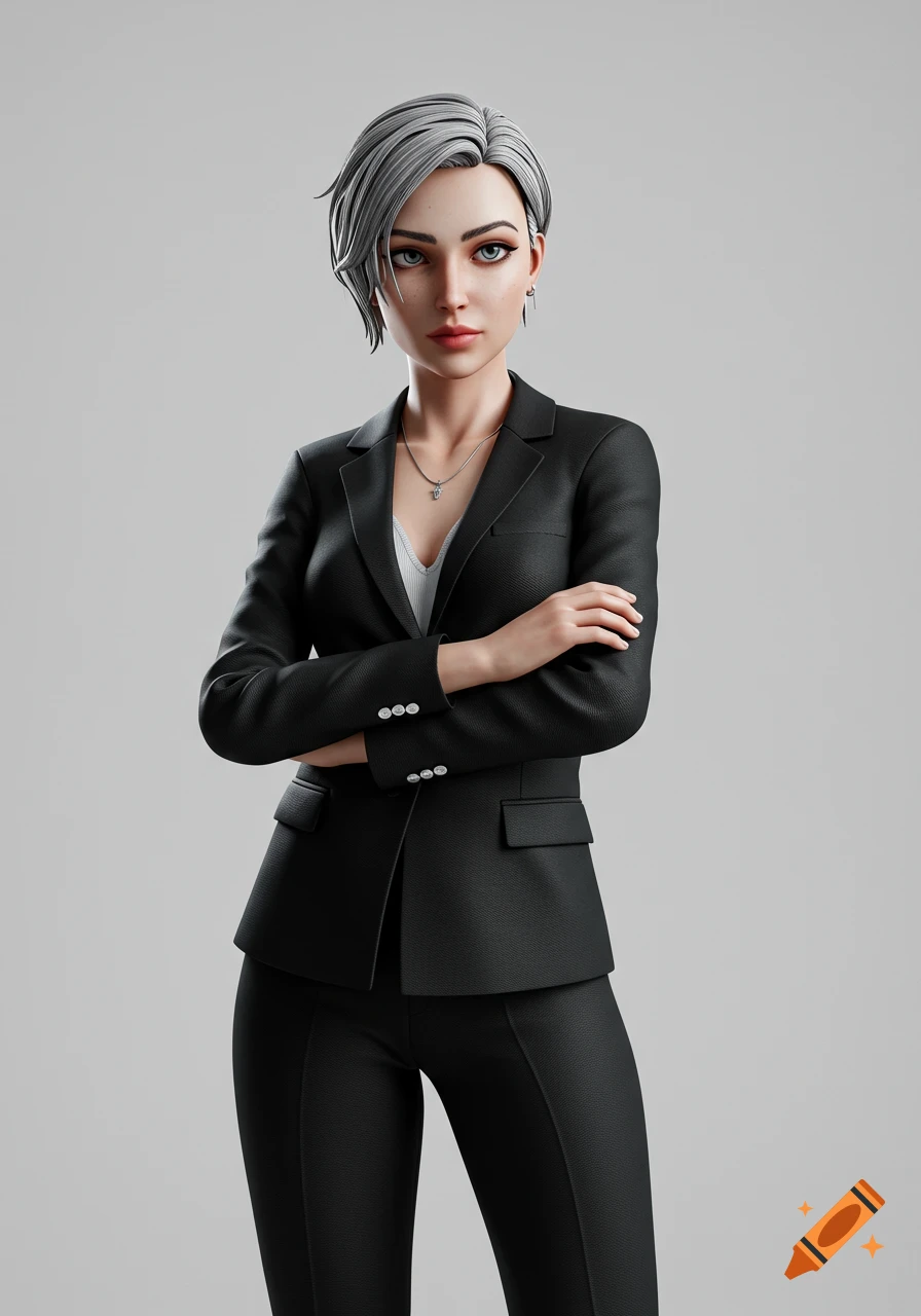 3D render of a woman in a black suit with short silver hair standing with arms crossed.