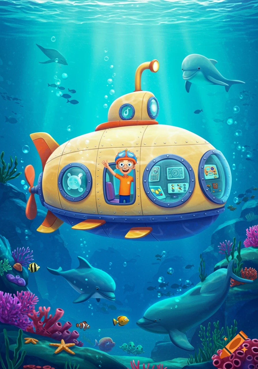 Cartoon illustration of a character in a yellow submarine underwater with dolphins and fish.
