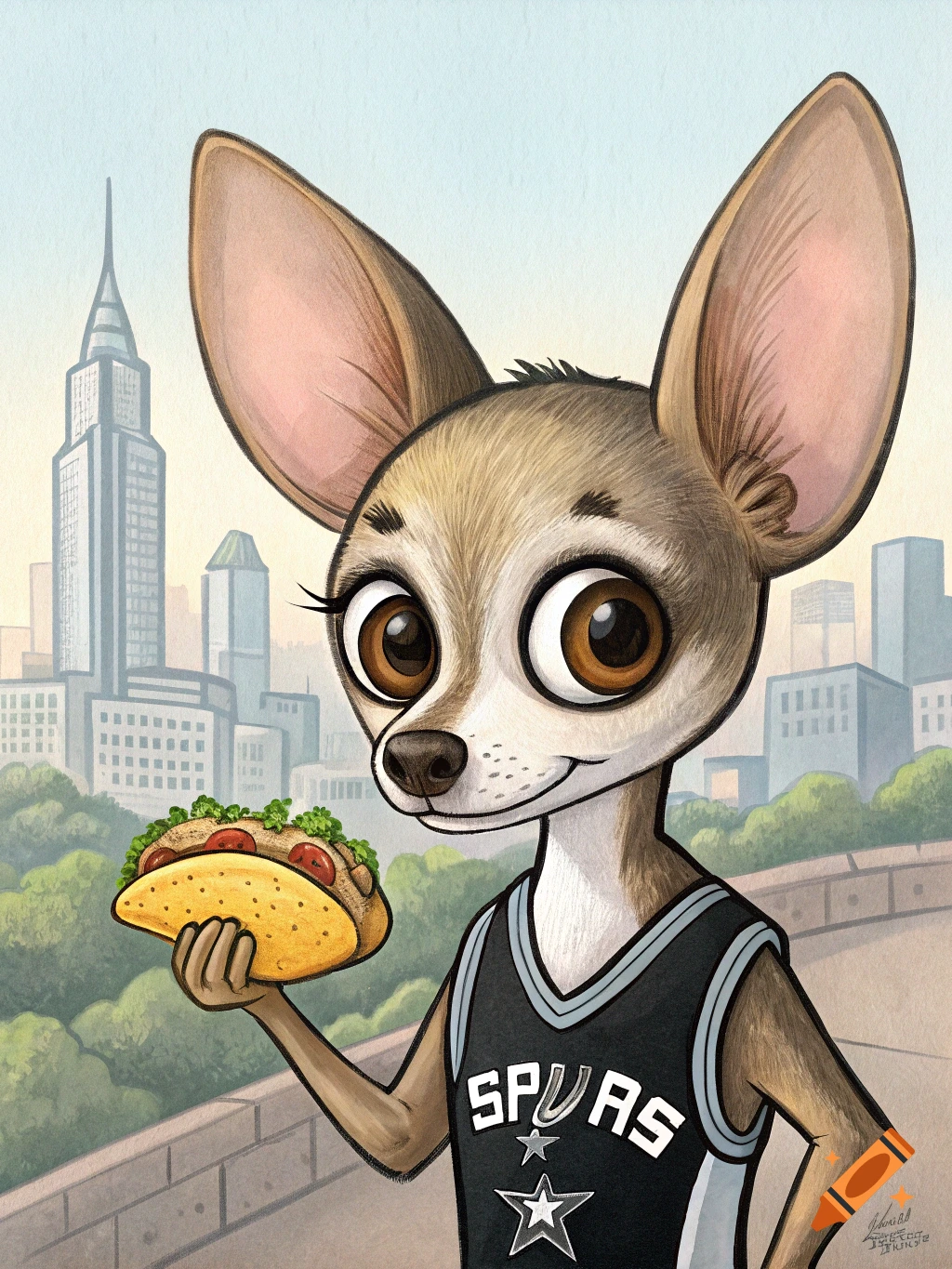 A cartoon chihuahua wearing a Spurs jersey holds a taco with a city skyline background.