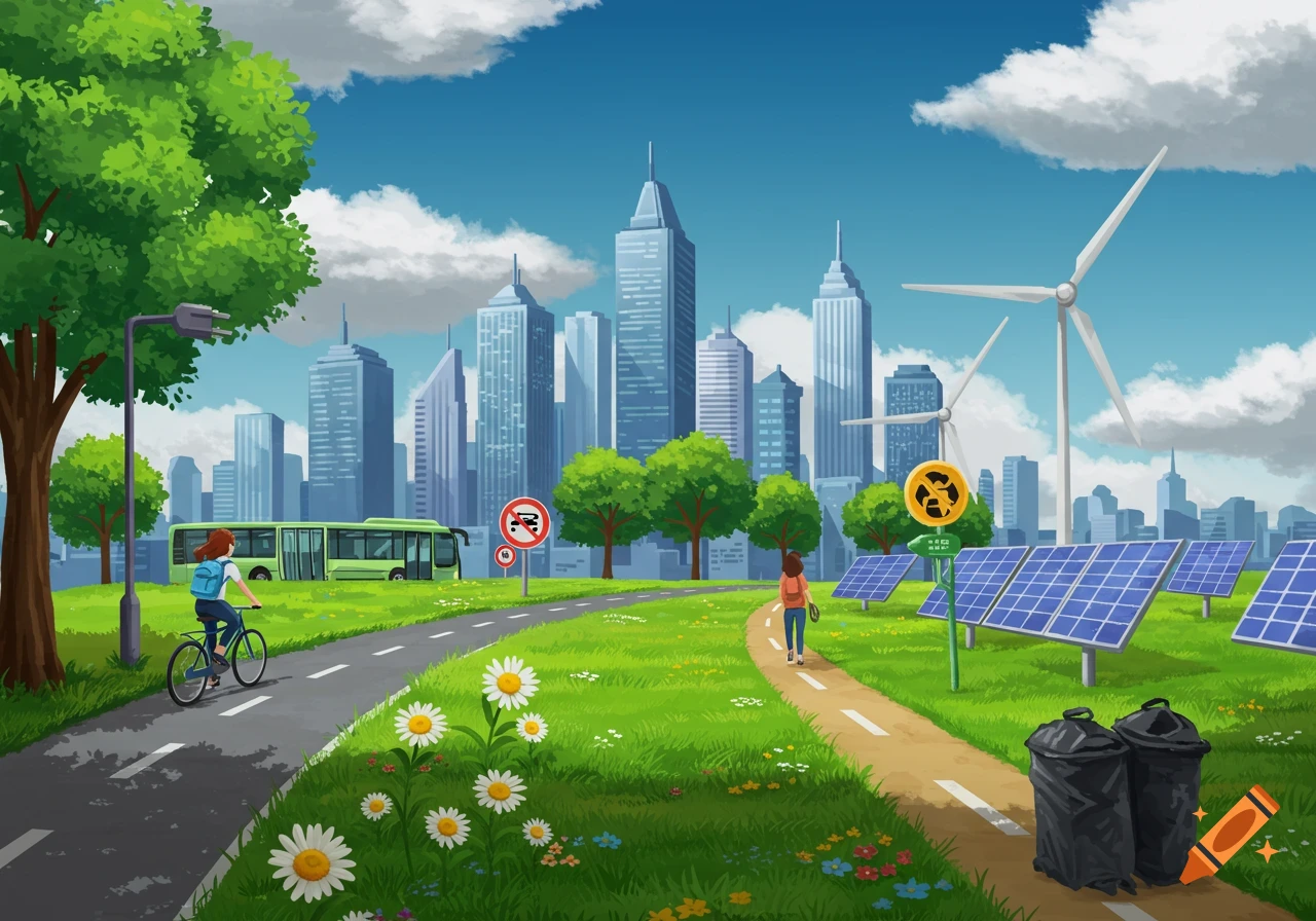 Illustration of a sustainable city with skyscrapers, wind turbines, solar panels, green spaces, electric bus, and people walking/biking.