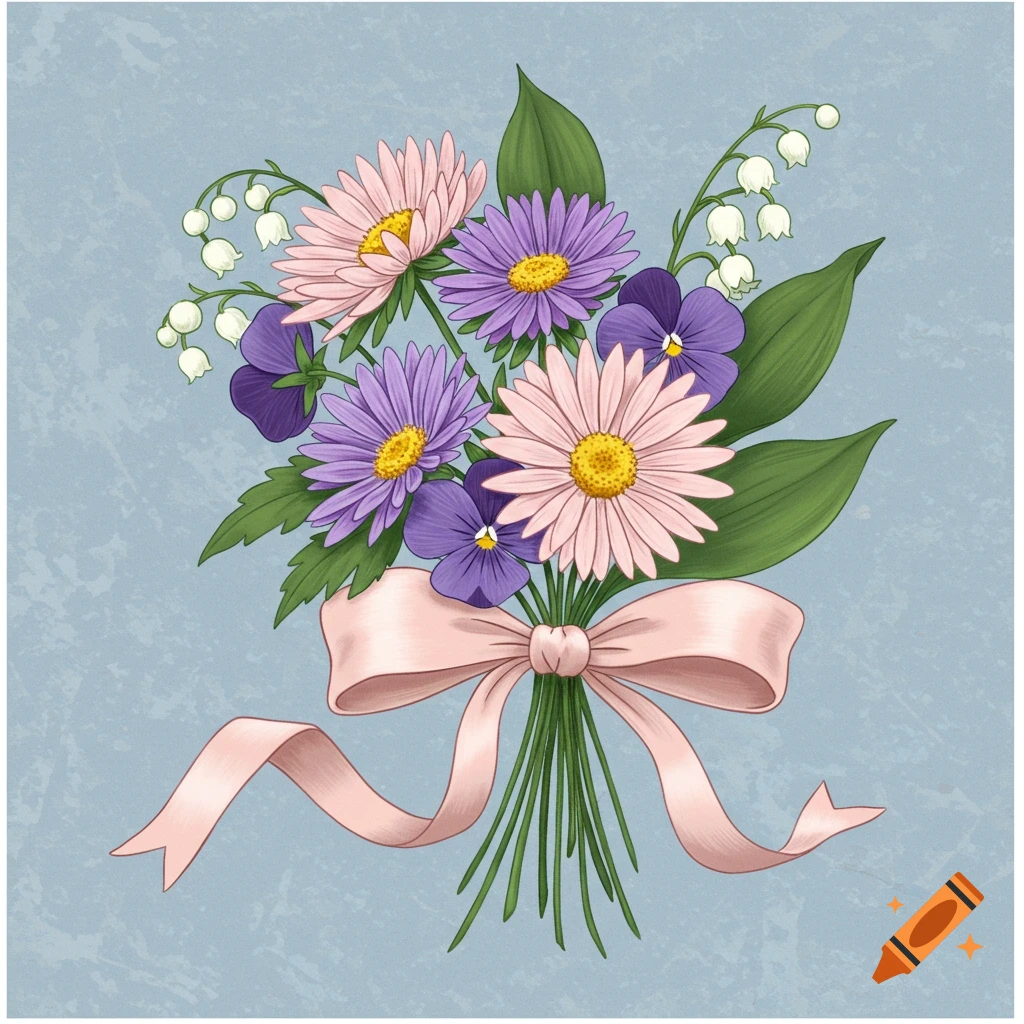 A drawing of a bouquet of asters, violets, and lily of the valley tied with a pink ribbon.
