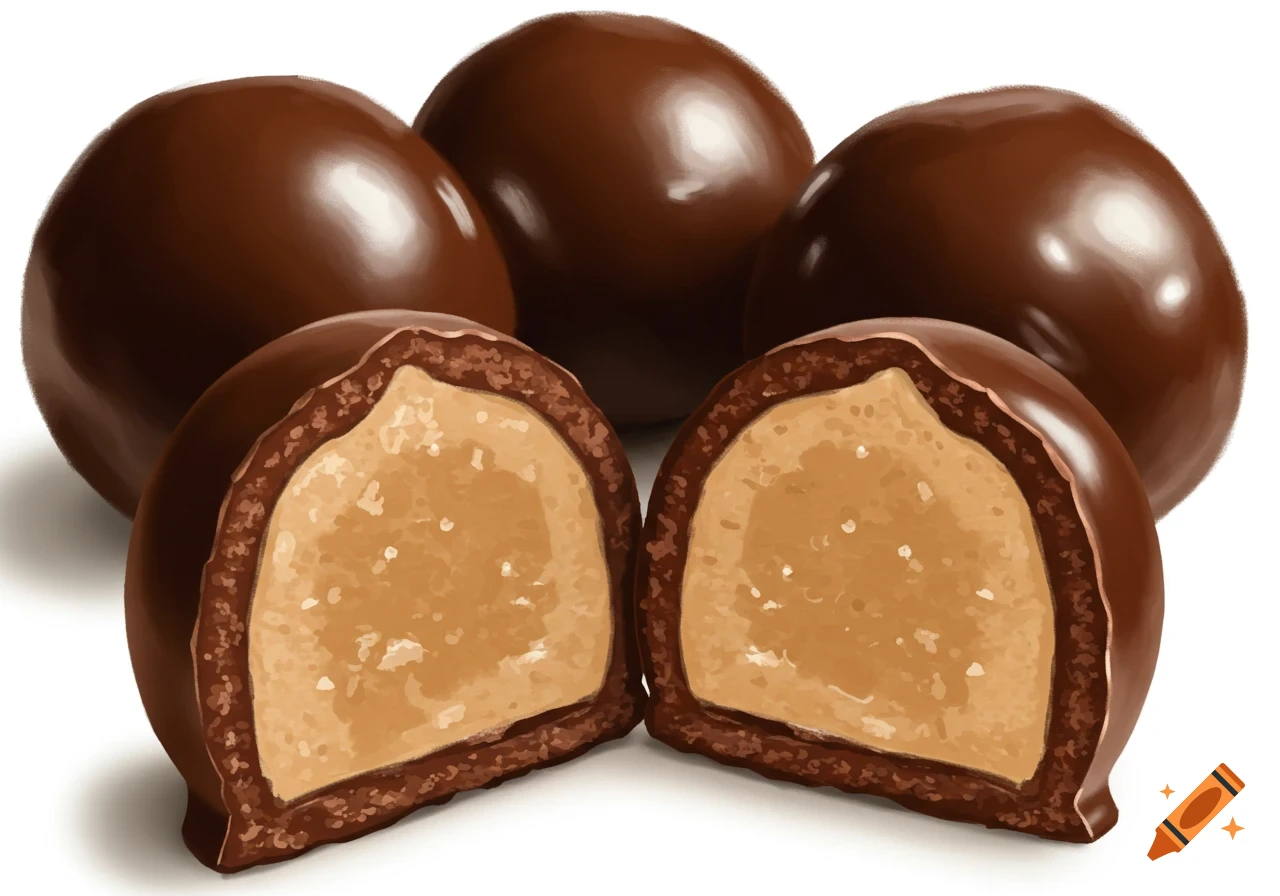 A cross-section and whole chocolate candies with a creamy filling.