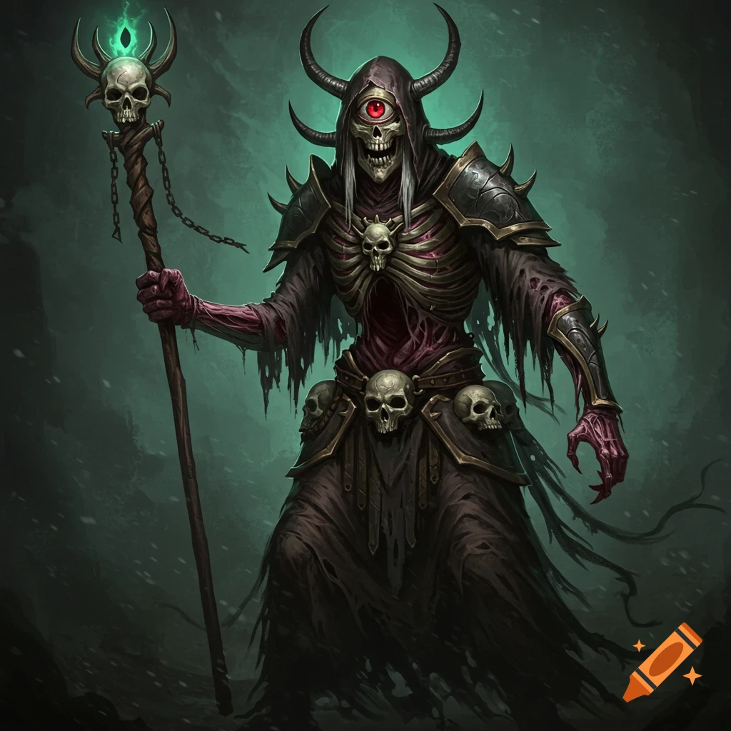 Skeletal cyclops lich holding a staff, dark fantasy art