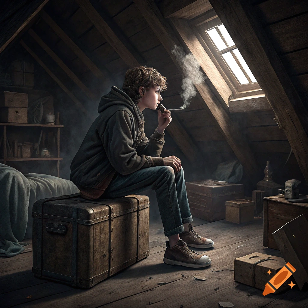 A person smoking a pipe sits on a trunk in a dusty attic room bathed in sunlight.