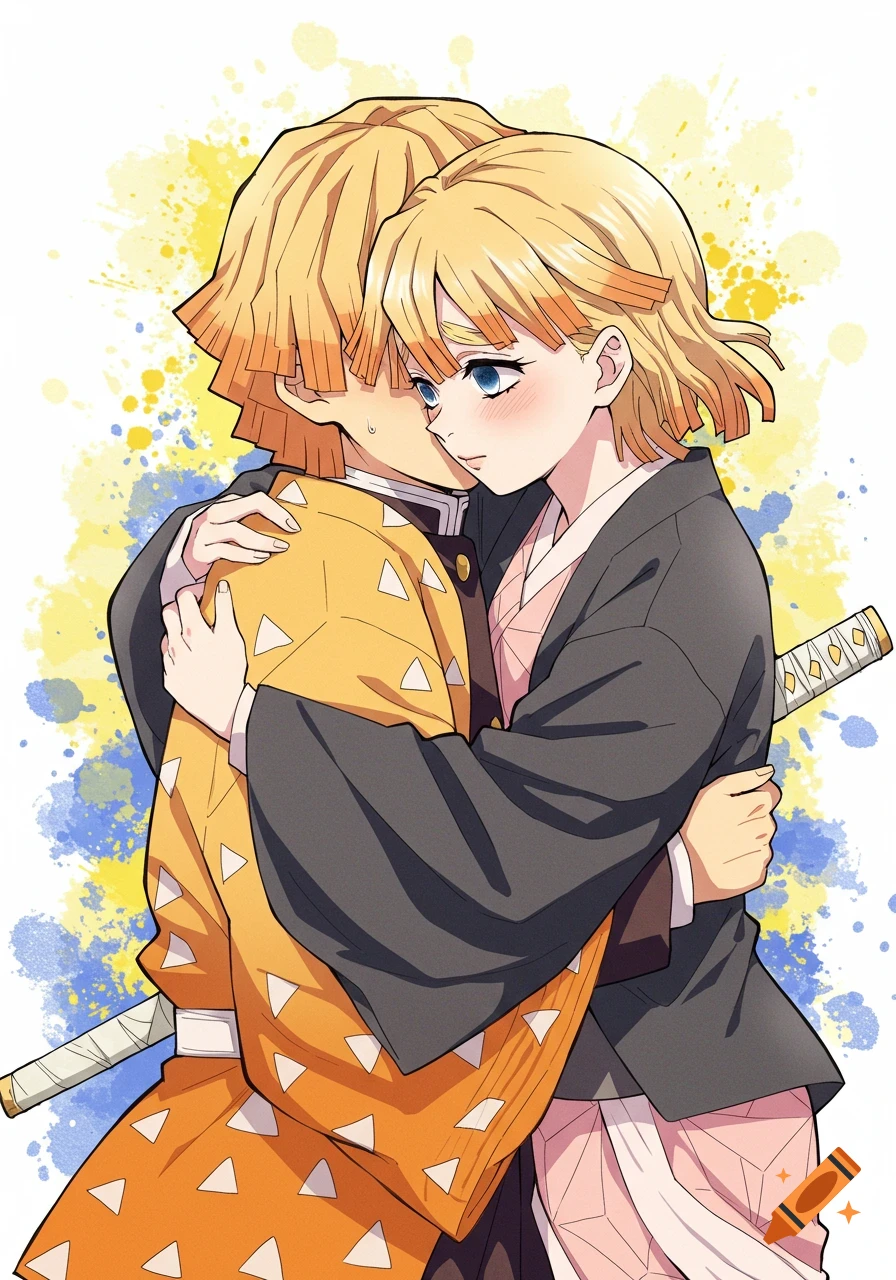 Anime characters hugging, Demon Slayer style with watercolor splatters.