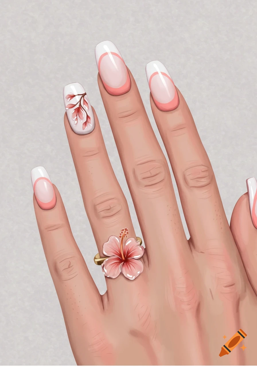 Hand with French tip nail art, a leaf design, and a hibiscus ring.