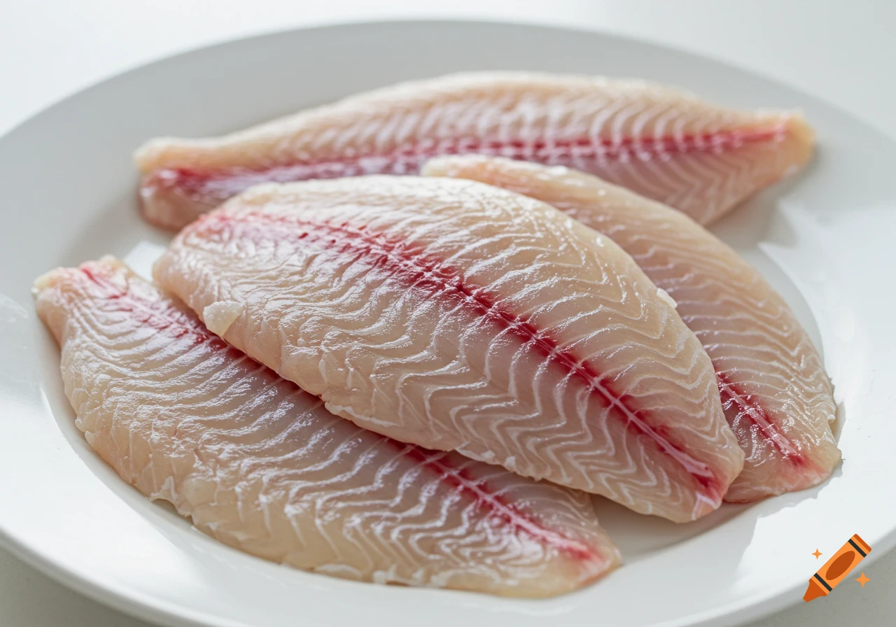 Raw tilapia fillets on a white plate