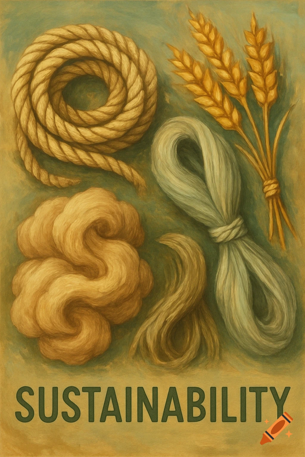 Still life painting of rope, yarn, loose fiber, and wheat stalks with the word SUSTAINABILITY.
