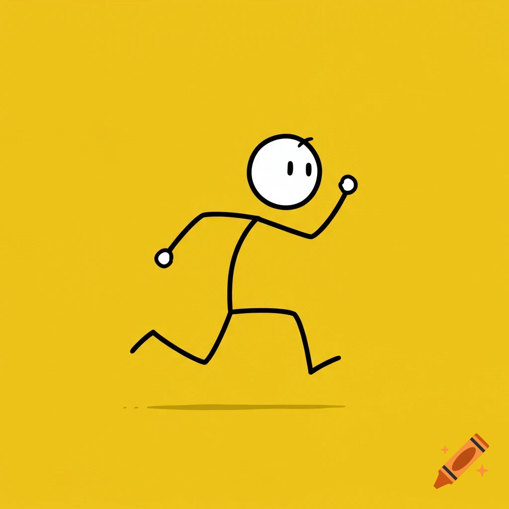 A simple stick figure drawing of a person running on a yellow background.
