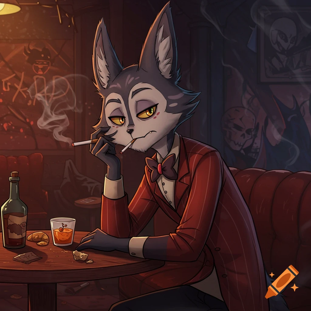 Cartoon wolf character Husk from Hazbin Hotel sits in a bar, smoking a cigarette.