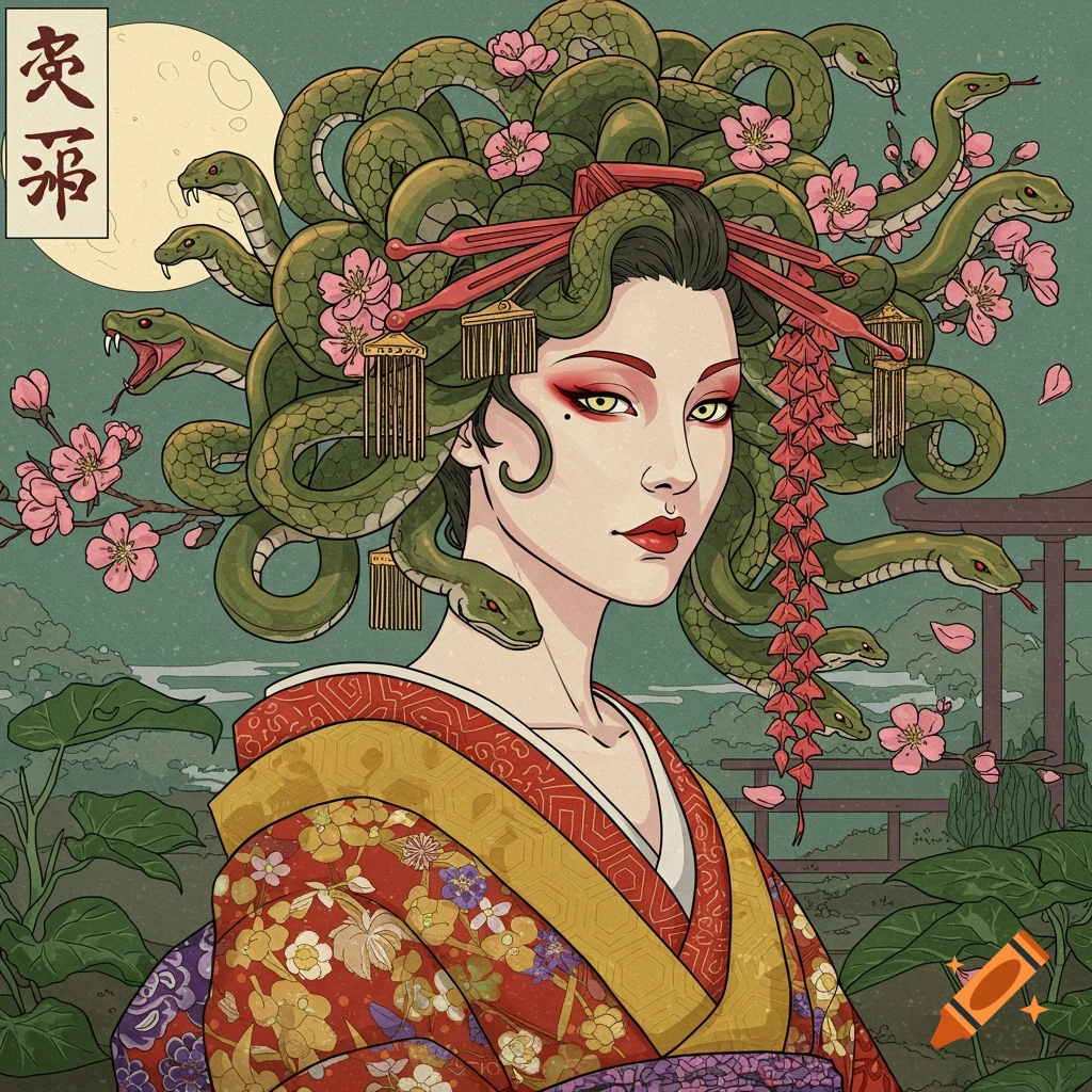Stylized illustration of a woman with snakes for hair in a kimono, surrounded by cherry blossoms and a moon.