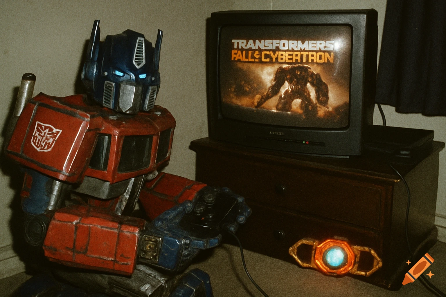 Optimus Prime plays a video game on a CRT TV in a dimly lit room, analog photo style.