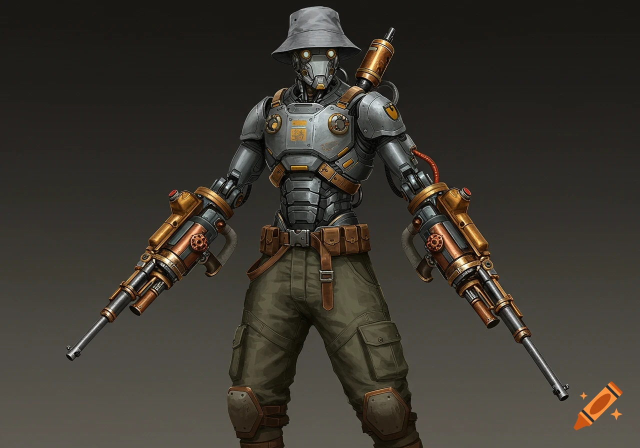 A robot wearing a bucket hat, cargo pants, and armor, with large steampunk guns attached to its arms.