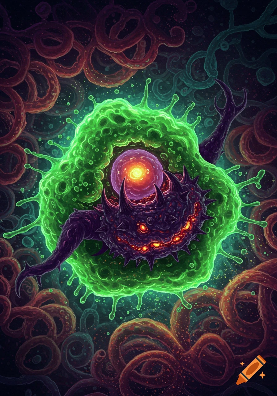 A green macrophage cell attacking a purple spiky virus in a microscopic environment.