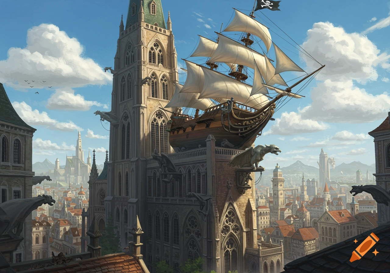 A pirate ship with sails aloft sits on top of a tall gothic building overlooking a fantasy city under a cloudy sky.