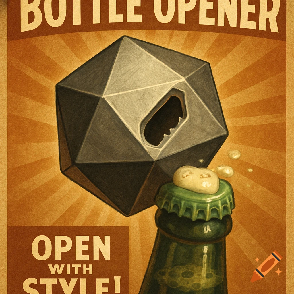 Retro advertisement illustration of an icosahedron bottle opener opening a bottle.