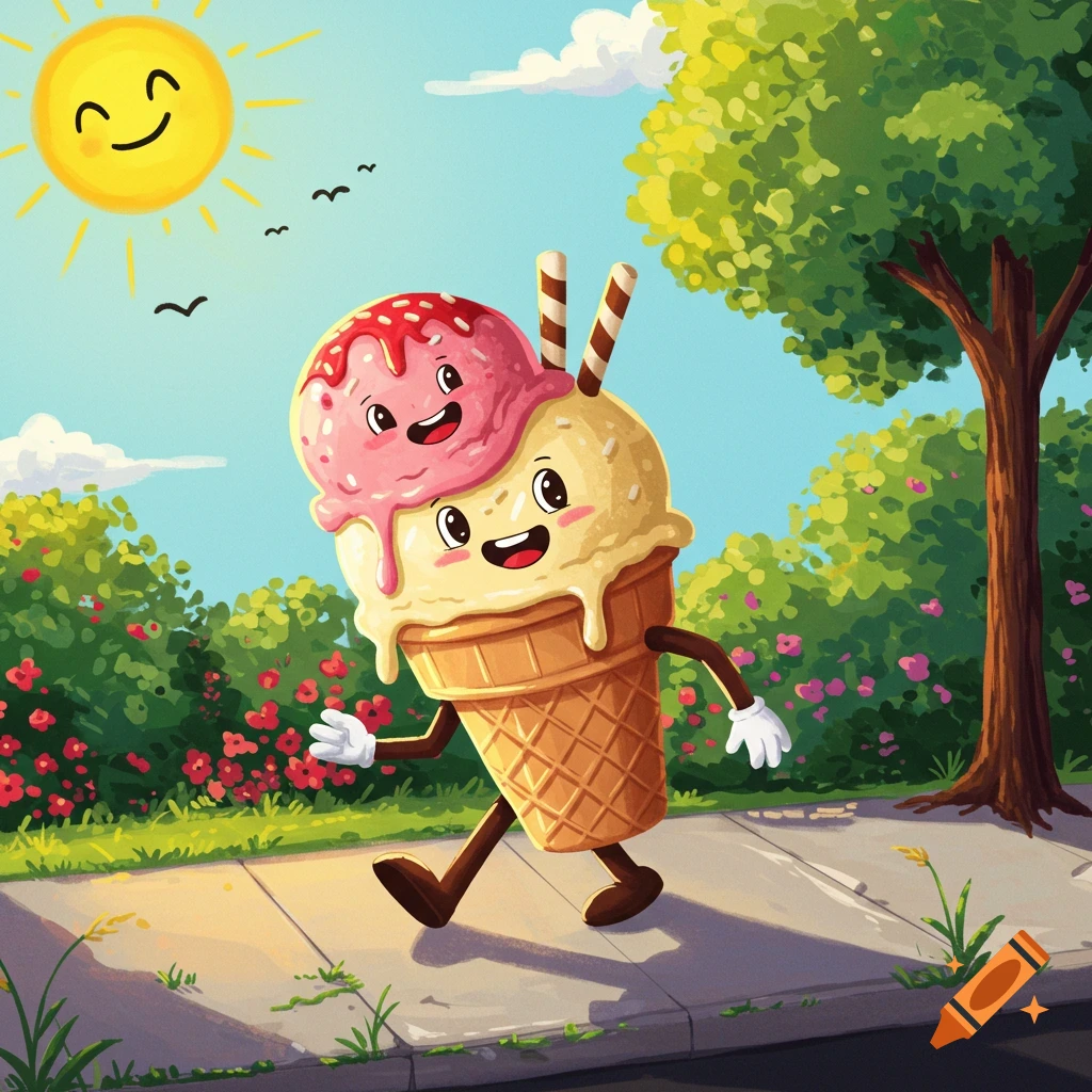 A cartoon ice cream cone with two scoops walks happily on a sidewalk on a sunny day.