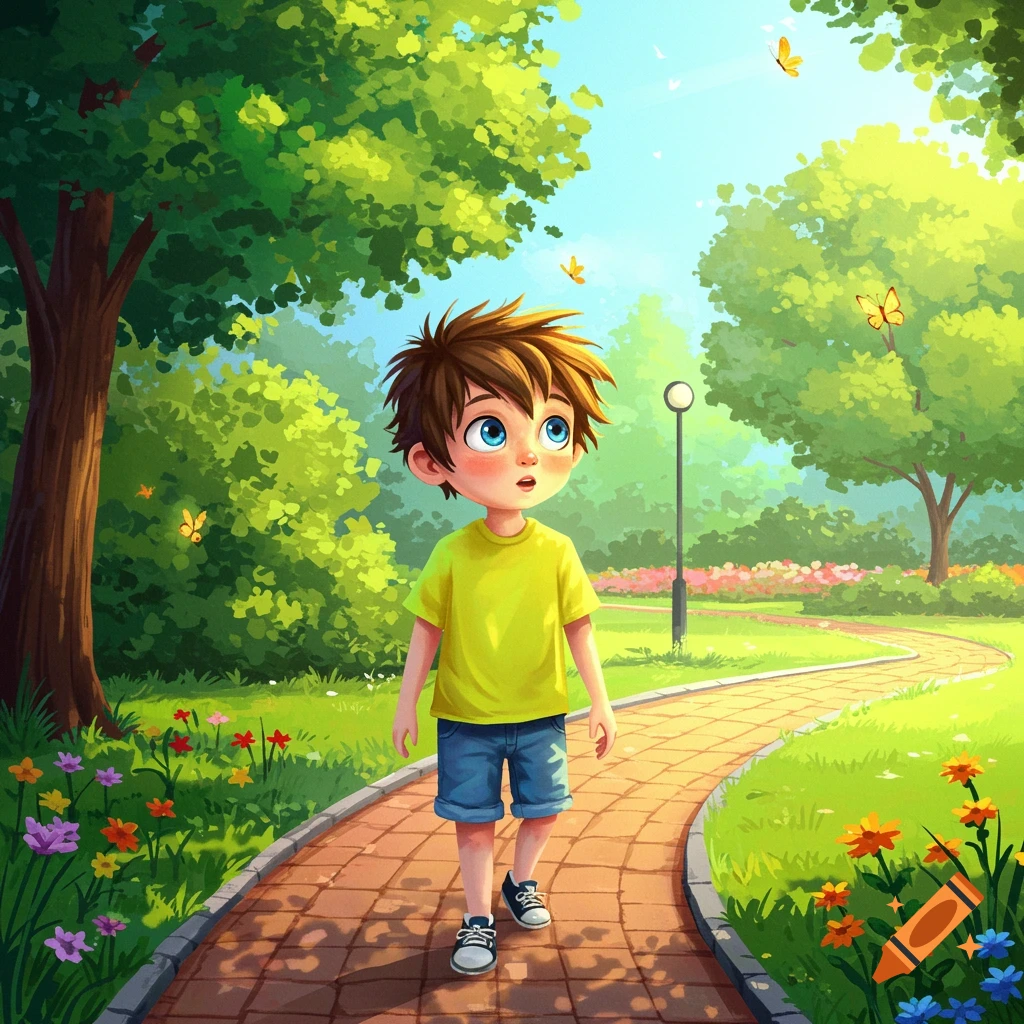 A cartoon boy with big eyes walks along a path in a sunny park filled with green trees and colorful flowers.