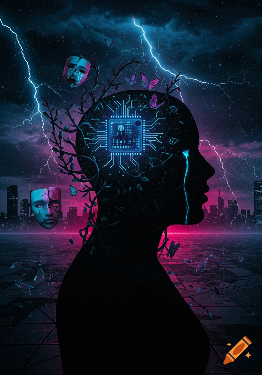 A profile silhouette of a head containing a glowing microchip, surrounded by vines, butterflies, lightning, and broken masks in a neon cyberpunk city.