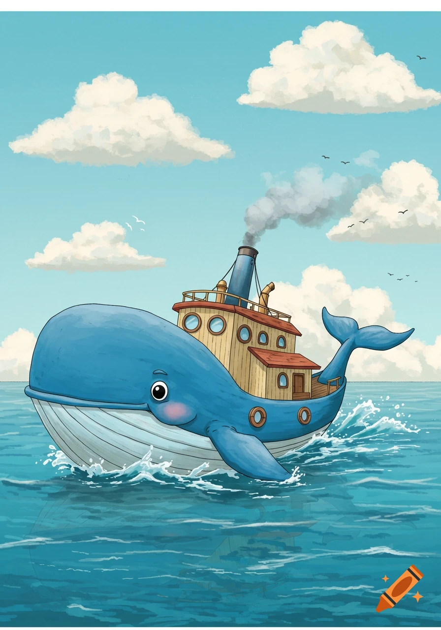 Cartoon illustration of a whale carrying a boat structure on its back, sailing on the sea under clouds.