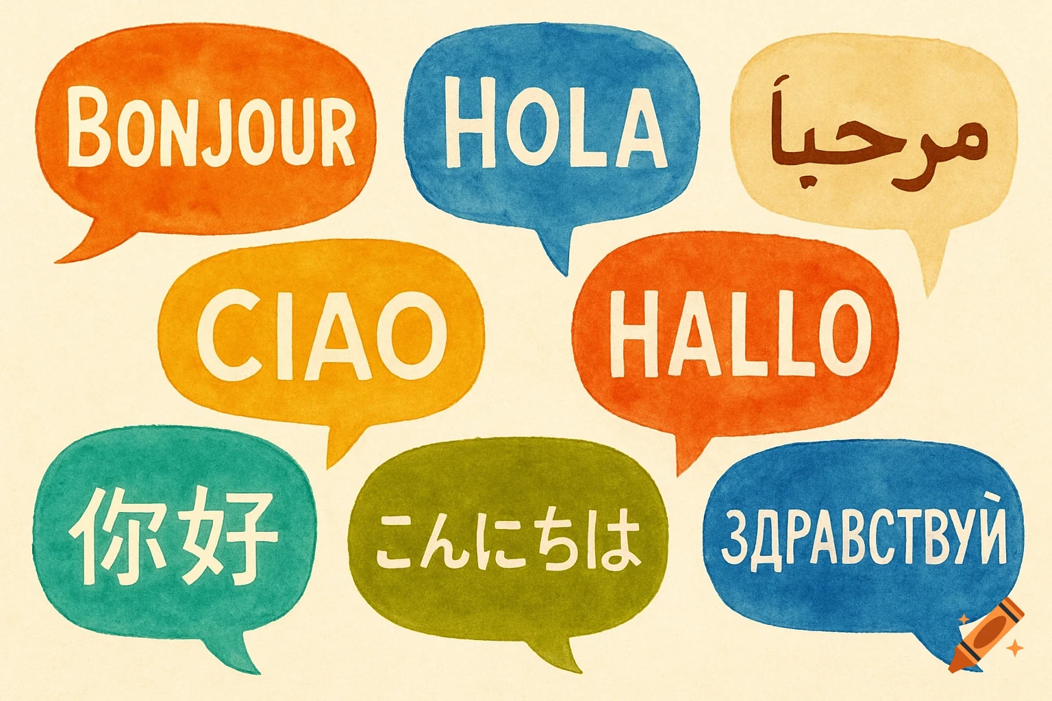 Colorful speech bubbles with greetings in different languages