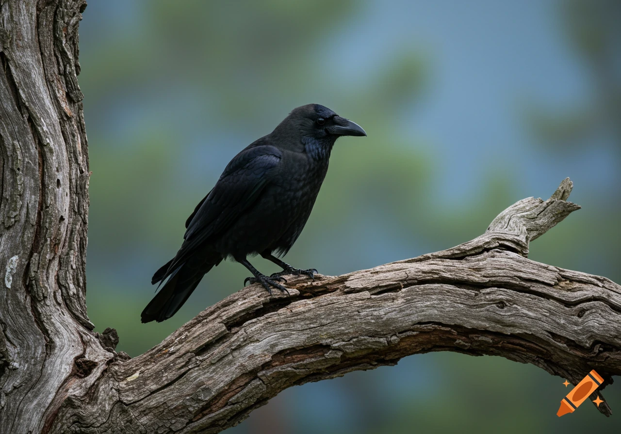 A black crow perches on a gnarled, weathered tree branch. The background is blurred green and blue.