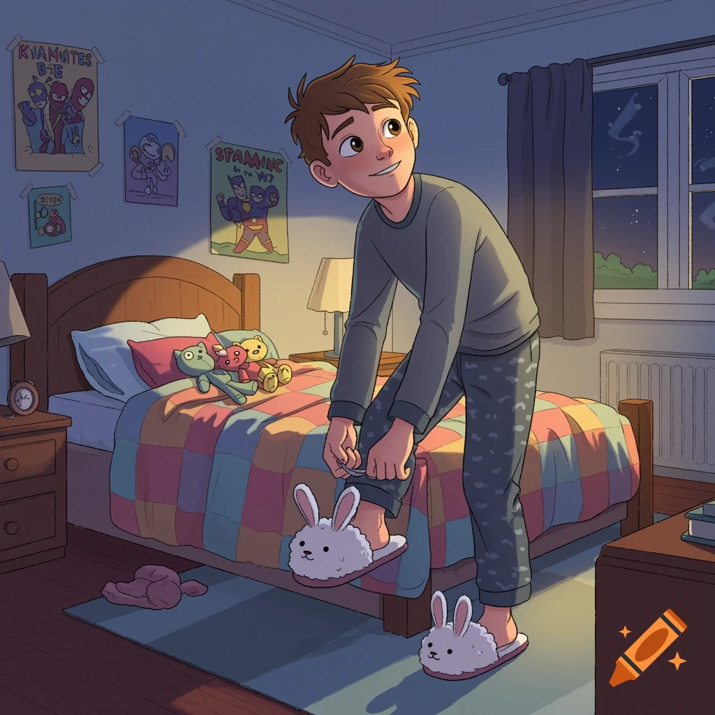 A boy in gray pajamas puts on bunny slippers in his bedroom at night, cartoon style.