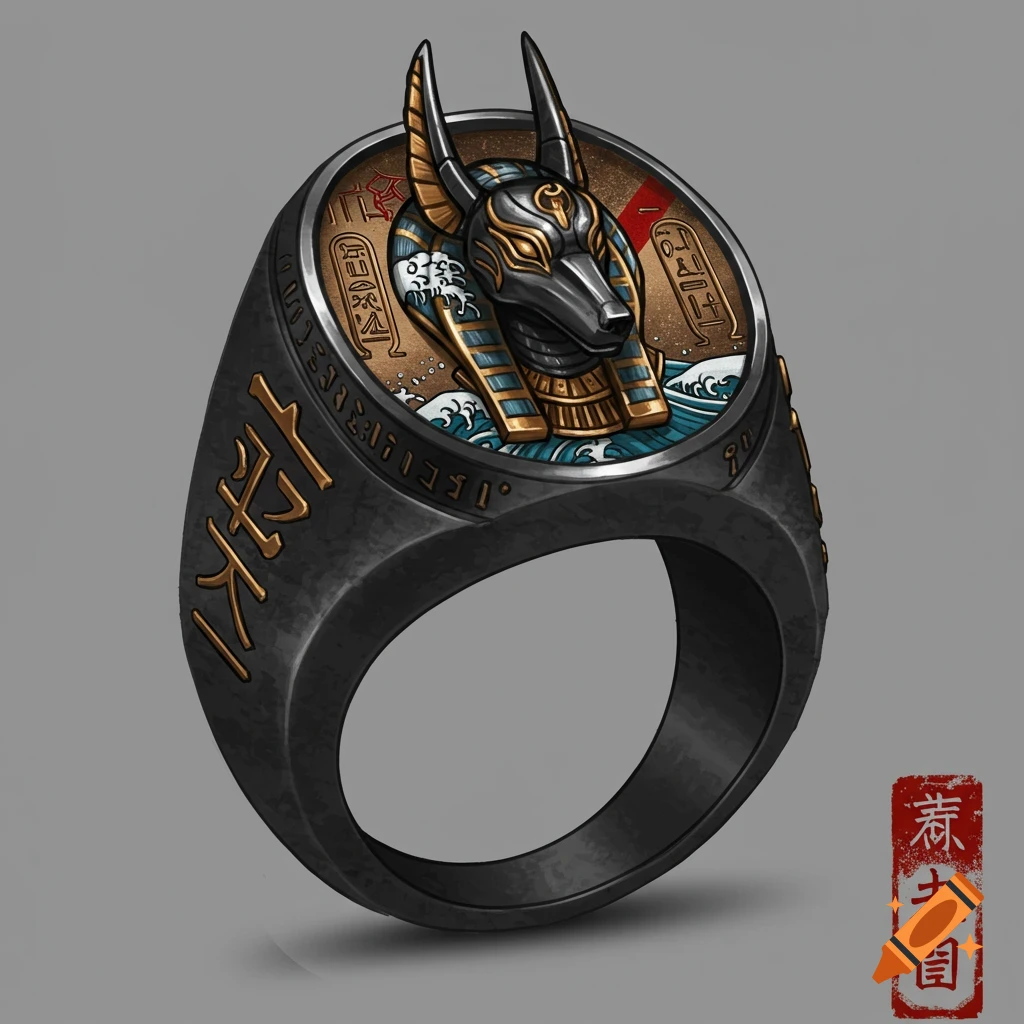 Black signet ring with Egyptian Anubis, Japanese waves and script
