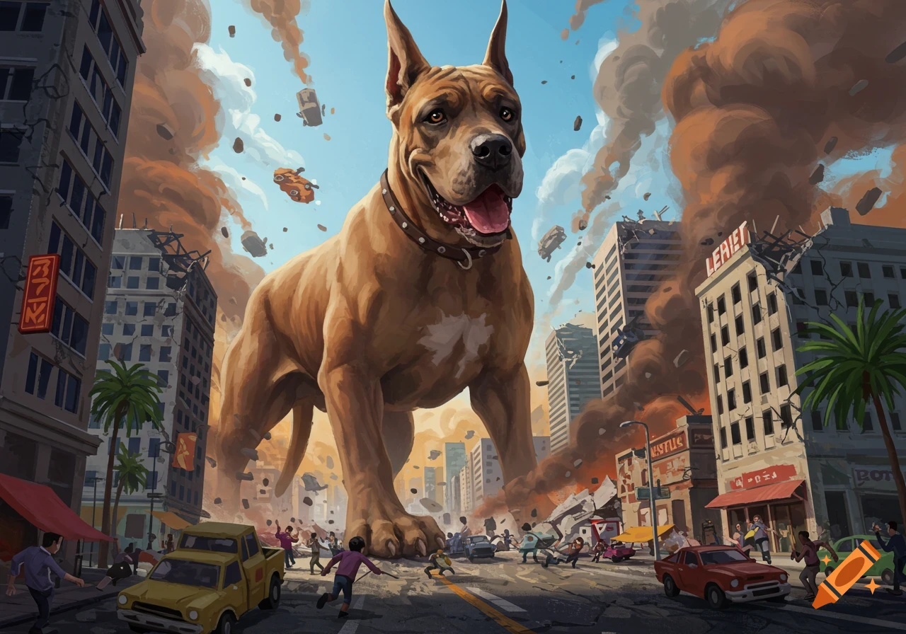 Illustration of a giant dog destroying a city with panicked people fleeing