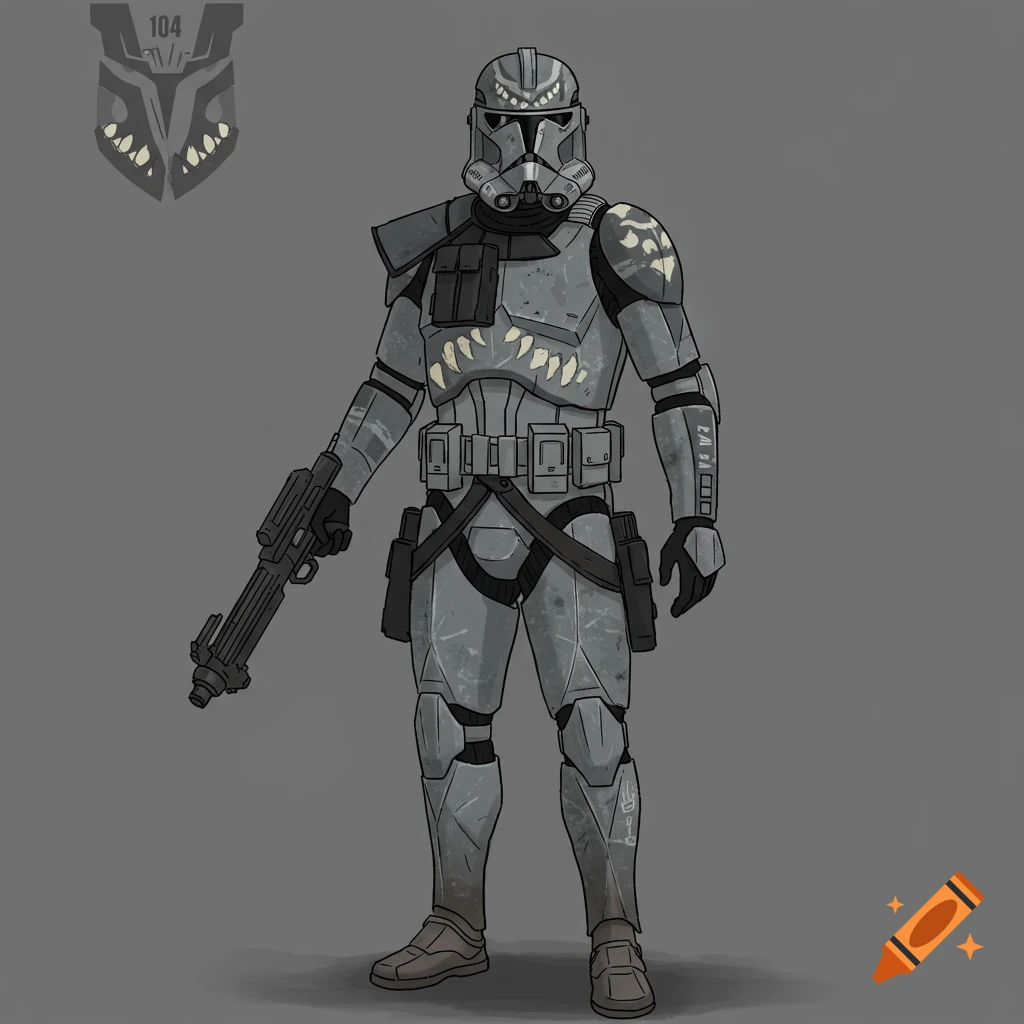 Illustration of a grey Star Wars clone trooper with teeth markings on his armor, holding a rifle.