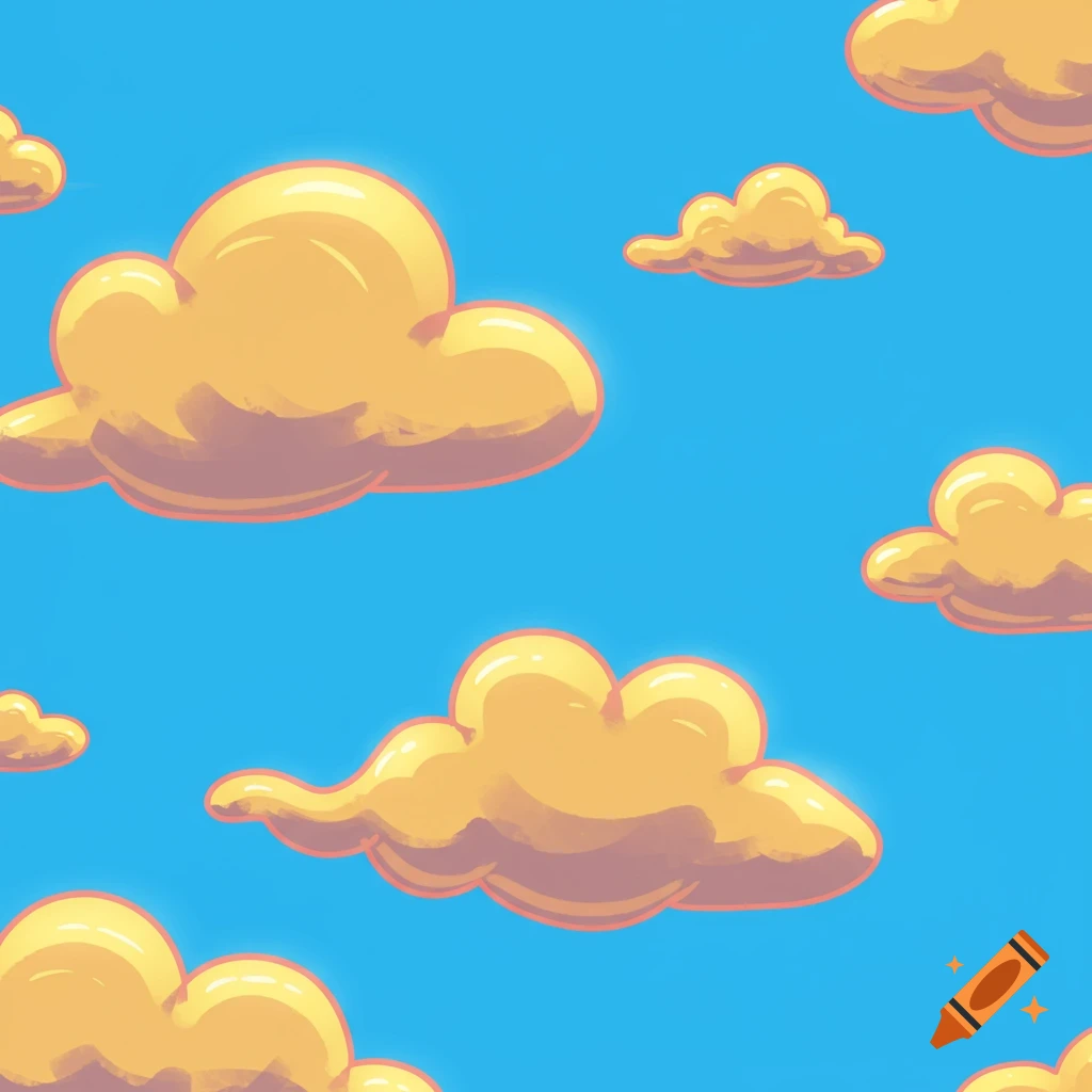 Cartoon light golden clouds against a bright blue sky.