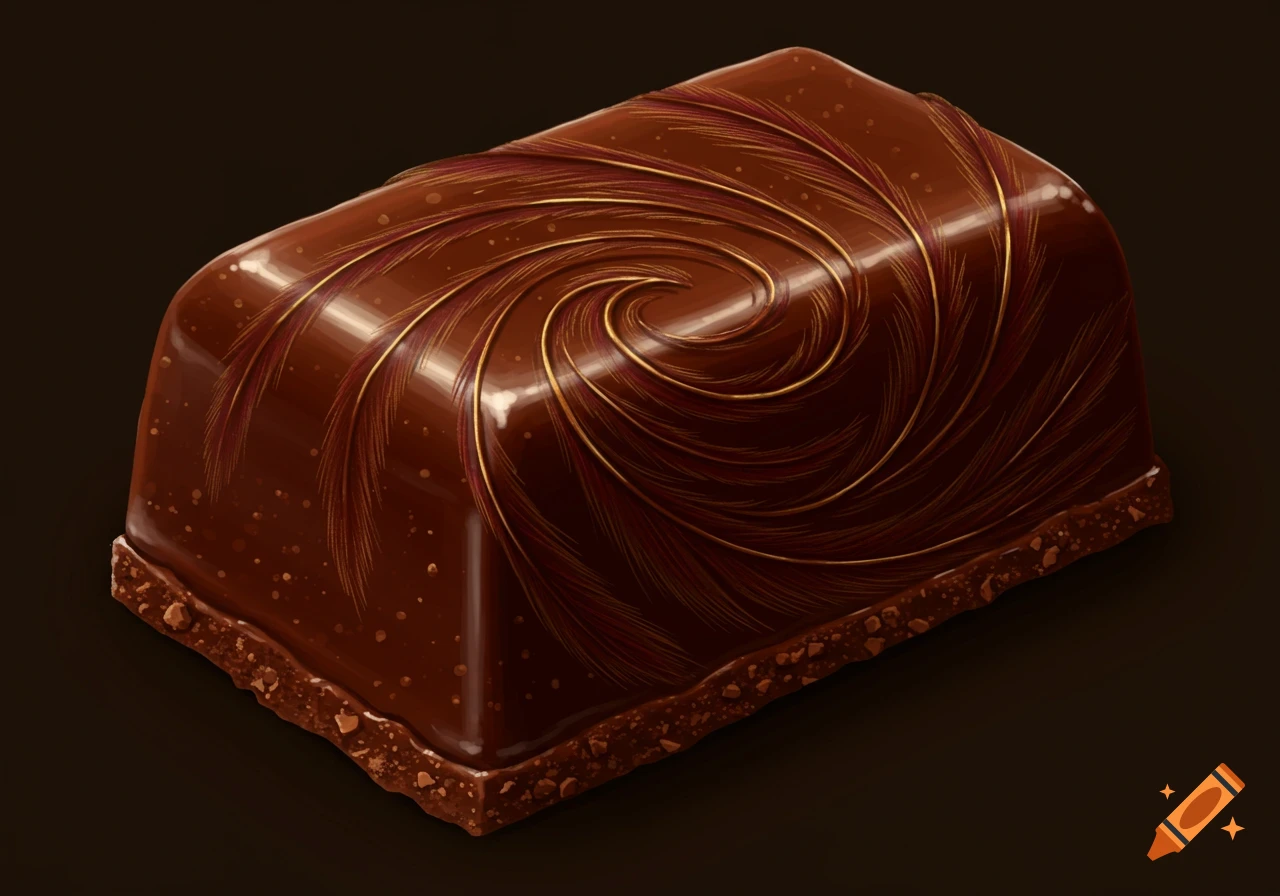 Chocolate bar decorated with swirling red and gold feather patterns.