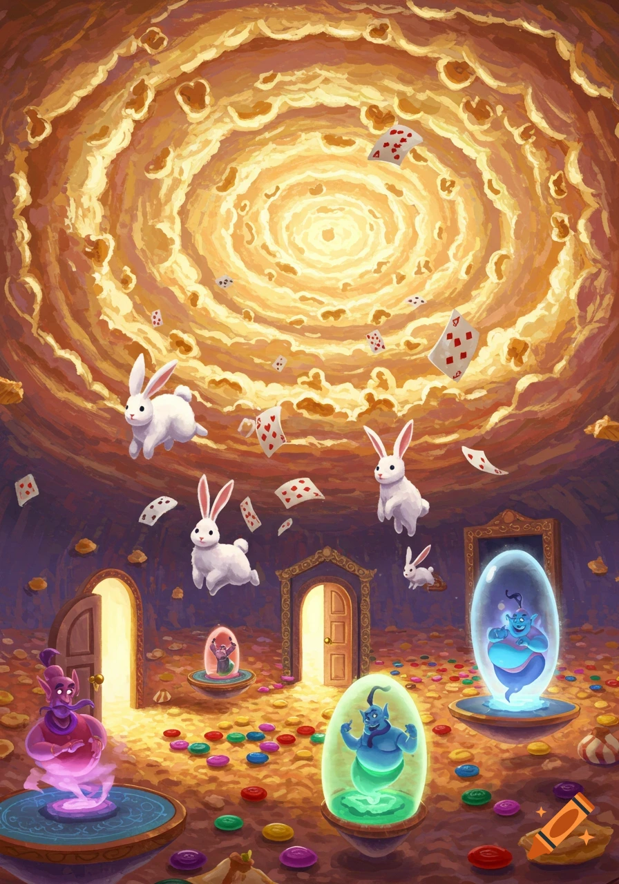 Whimsical illustration of a magic room with flying rabbits, playing ...
