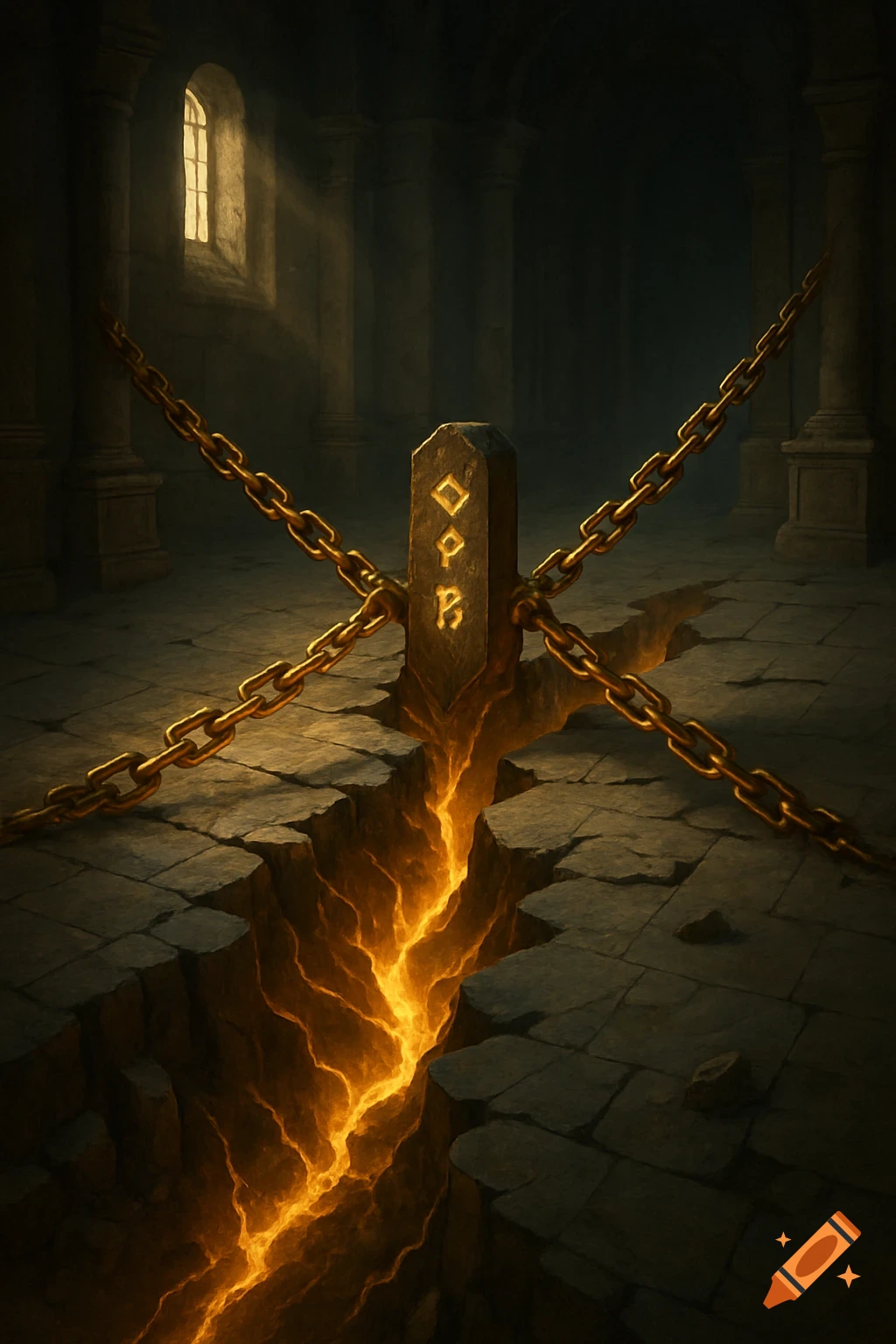 Fantasy art of a temple room with a glowing fissure chained to a stone marker