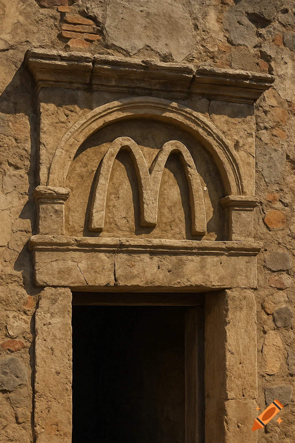 Golden arches symbol carved into stone above a doorway in an ancient wall