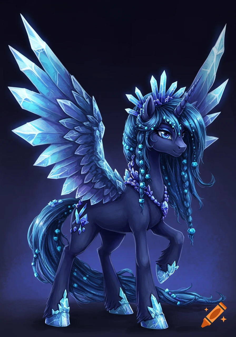 A dark blue crystalline unicorn-pegasus hybrid stands adorned with blue and purple crystals.